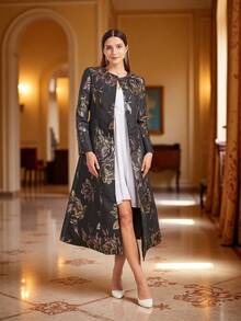 DEVCHATA Luxury Women's Elegant Long Jacquard Trench Coat, Round Neck Design, Suitable For Formal Dinners, Christmas Parties, Vacations And Autumn/Winter Dates (Flower Placement Random) - Black - View 4