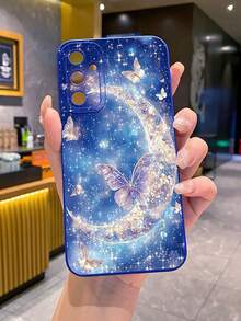 1pc Shiny Moon & Butterfly Protective Phone Case, UV Printed Compatible With Samsung/Galaxy///// Android Models - Blue - View 3