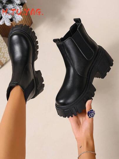 Botas de tobillo con tacón grueso y suela gruesa para mujer, Botas Chelsea de tacón medio grueso, Botas cortas de motocicleta para exteriores y calle, Slip-on, Tacones con plataforma para mujer, Otoño/Invierno 2025