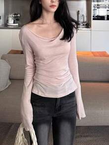 Women's Elegant Tie-Waist Loose Fit Scoop Neck Long Sleeve T-Shirt, Lightweight Casual Loose Fit Sun Protection Coverup, Loose Flattering Fashion Minimalist Casual Outdoor Top, Pink - Pink - View 12