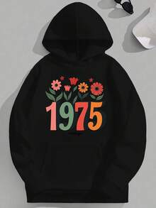 1975 Vintage JPH-9 Plus Size Men-S Hooded Sweatshirt - Heather Gray Relaxed Fit With Bold 1975 Graphic And Floral Print, Hine Washable Casual Pullover, Vintage Sweatshirt, PLUS SIZ_295 - 黑色2 - 查看 1