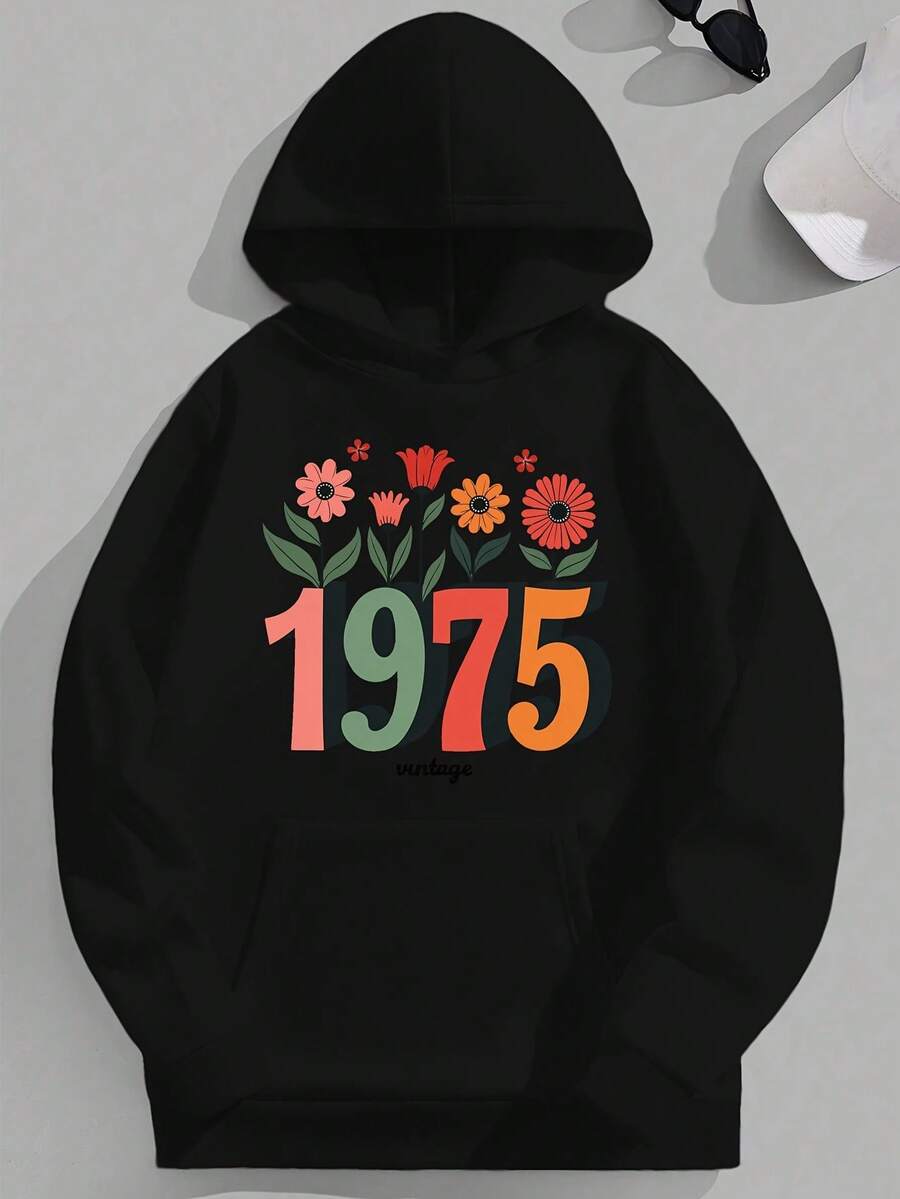 1975 Vintage JPH-9 Plus Size Men-S Hooded Sweatshirt - Heather Gray Relaxed Fit With Bold 1975 Graphic And Floral Print, Hine Washable Casual Pullover, Vintage Sweatshirt, PLUS SIZ_295 - 黑色2 - 查看 1