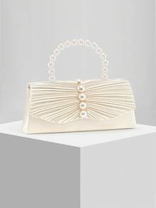 Neue plissierte Satin Perlen Dekor Abendtasche, Clutch mit Kettengurt, geeignet für Hochzeiten, Galas, Partys, Bankette. Perfektes Geschenk für Frauen - Aprikosenfarben - Übersicht 2