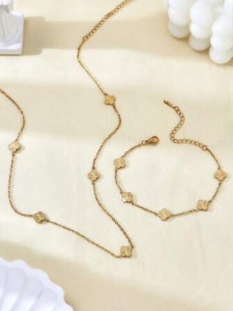 TONSI 1 Pieza/1 Juego: Elegante, Retro, Elegante, de Lujo Ligero, de Alta Gama, Exquisito y Versátil Collar de Acero Inoxidable Chapado en Oro de 18k con Flor de Cuatro Hojas, Pulsera, Collar Bib de Flor de Cuatro Pétalos Hipoalergénico e Impermeable, Juego de Joyería, Adecuado para que las Mujeres lo Usen en Varias Ocasiones como Festivales, Vida Diaria, Trabajo, Fiestas y Reuniones