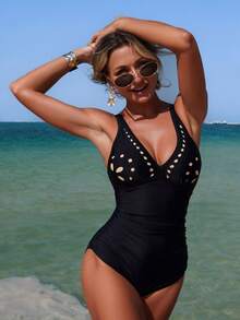 Womens Tankini Swimsuits Hollow Out Sleeveless Deep V Neck Tummy Control Bathing Suit For Beach Pool - Black - View 3
