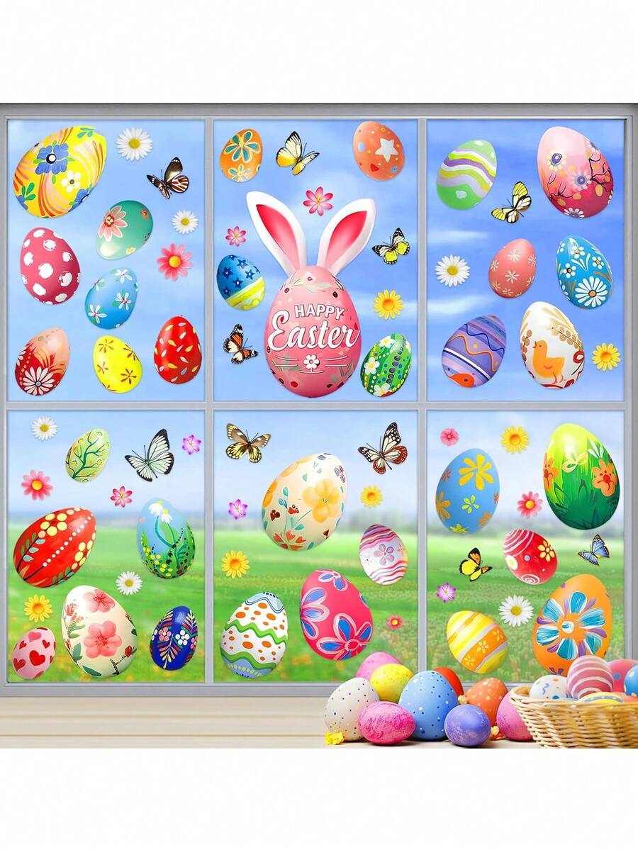 6 hojas de pegatinas para ventanas de Pascua: Pegatinas grandes de huevos de Pascua vintage para ventanas, calcomanías de conejos y huevos de Pascua de estilo rústico para celebraciones de primavera en el hogar y la oficina - Multicolor - Ver 1