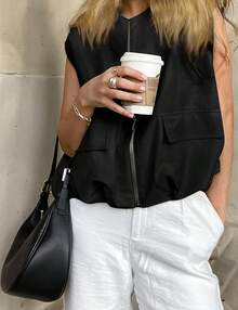 Women's Oversized Zip Up Cargo Vest Casual Ruched Hem Sleeveless Jackets Vest Top With Pockets - trắng - Xem 10