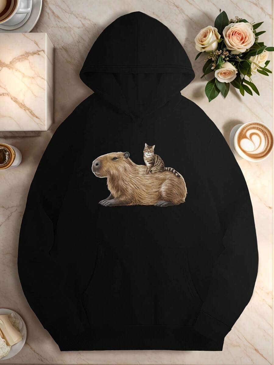 1pc Women-S Plus Size Casual Polyester Hoodie With Capybara And Tabby Cat Design, Longeeve, Hooded, Non-Stretch Knit Fabric, Geometric Pattern, FallWinter Collection, Regular Lengt_073 - Đen 7 - Xem 1