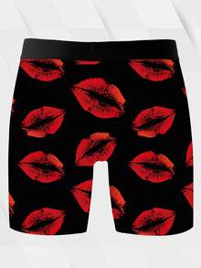 1条装俏皮可爱男士休闲平角内裤，饰有红色嘴唇印花，品牌内衣，针织面料，透气吸湿，柔软亲肤。情人节送给男友的完美礼物。新奇男士短裤。 - 彩色 - 查看 4