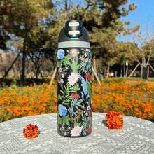 Owal'o 32oz  Stainless Steel Insulated Water Bottle - Keeps Beverages Hot Or Cold For Extended Periods, Available In Various Floral Designs, Features A Pop-Up Lid, Carrying Handle, And Straw, Perfect For Outdoor Activities, Car Use, Sports, And As A Gift. - 黑色 - 查看 3