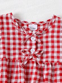 1pc Infant/Toddler Girls' Cute Red Plaid Cap Sleeve Bodysuit, Lightweight Summer - Red - View 3