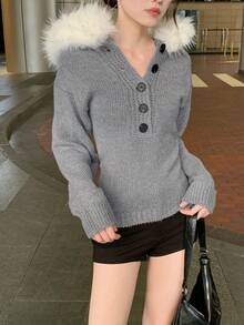 Hooded Knit Sweater Top With Furry Collar, Korean Style