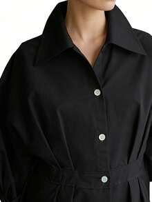 2026/新年女士加大码黑色梭织面料长袖褶裥纽扣前襟中长衬衫裙，领口设计，优雅别致，情人节，“做我的宝贝” - 黑色 - 查看 5