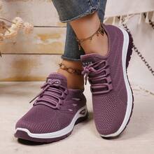 Tênis Casuais Femininos Plus Size, Sapatos de Malha Respirável, Design de Três Listras Laterais com Cadarço Baixo, Fácil de Vestir e Tirar, Presente Feminino, Adequado para Corrida, Caminhada, Transporte e Uso Diário em Todas as Estações - Roxo - Visão 3