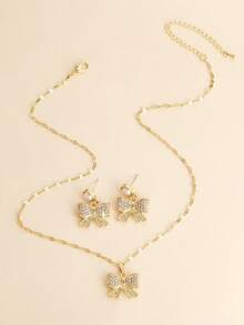 1 Set Elegant Sweet Cute Fashion Rhinestone Butterfly Pendant Necklace & Earrings For Women - Gold - View 4