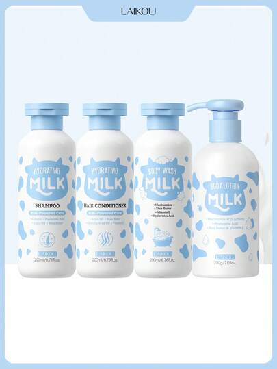  1 件套 LAIKOU 多功能牛奶樱花洗发沐浴套装（200ml 健康清洁牛奶洗发水 + 200ml 亮泽牛奶护发素 + 200g 滋养牛奶润肤乳 + 200ml 持久留香牛奶沐浴露），适合女性、妈妈、妻子、姐妹、青少年、女友，可用于浴室水疗。