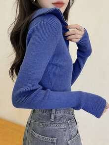 女士修身百搭拉链半领长袖针织上衣，休闲设计 - 藍色 - 查看 2