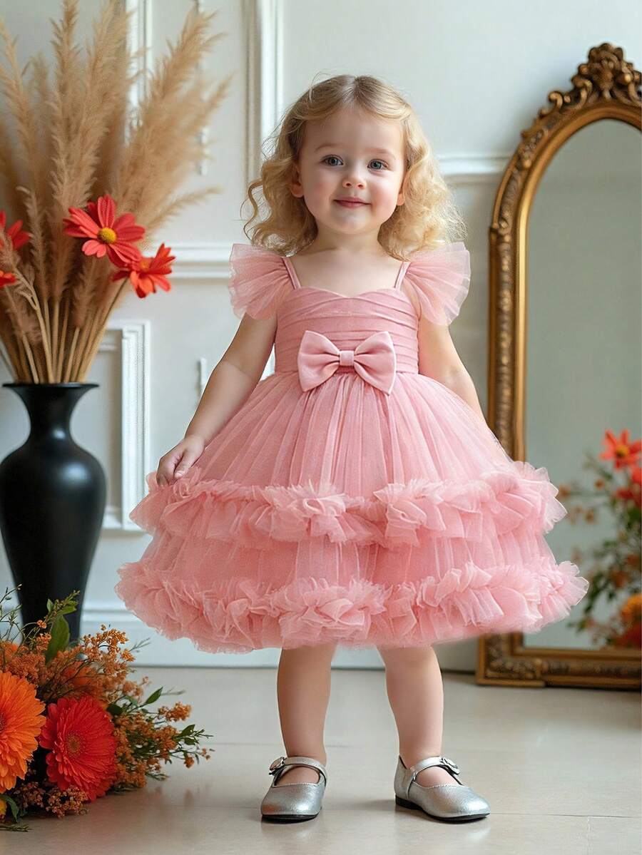 Baby Girls V-Neck Bow Ruffle Mesh Wedding Dress, Suitable For Birthday Party, Excluding Headband