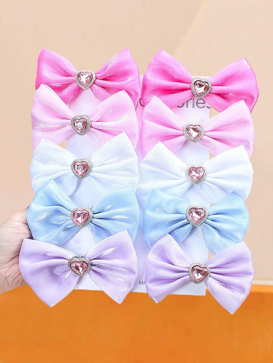10pcs/Set Heart Crystal Satin Bow Hair Clips, Classic Bow Design, Random Color Assortment - Suitable For Girls And Women, Minimalist, Classic, Versatile, Sweet, Suitable For Daily, Commute, Date, Party, Valentine's Day Gift, 2026 New Year Gift, Claw Clips, Hair Slide, Hair Barrettes, Head Accessories, Hair Accessories For Women - Multicolor - View 1
