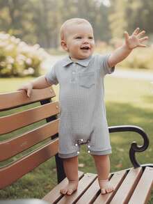 Infant Baby Boy Romper Lapel Collar Short Sleeve Plaid Print Upper Button Jumpsuit - 灰色 - 查看 2