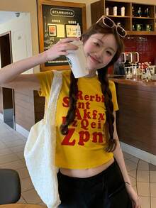 Red Letter Print Short Sleeve T-Shirt For Women, Summer Sexy Slim Fit Cropped Design Top Casual Yellow - Yellow - View 8