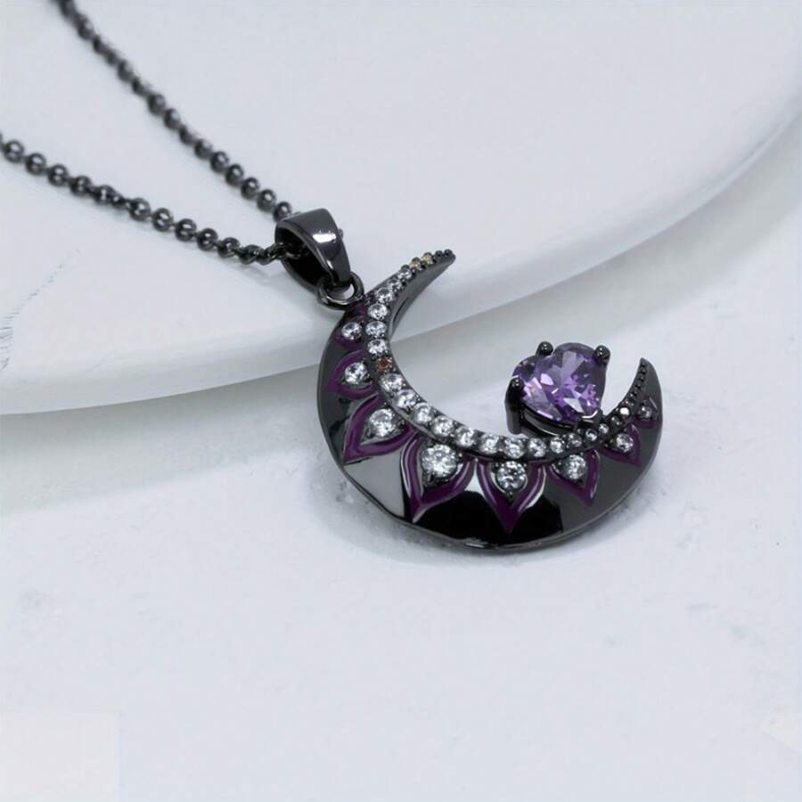 1 Piece Gothic Black Moon Pendant Necklace For Women, Gunmetal-Plated Edgy Jewelry, Perfect For Both Daily Looks And Party Occasions, Versatile Layered Necklace For All-Season Casual Wea - 紫色 - 查看 1