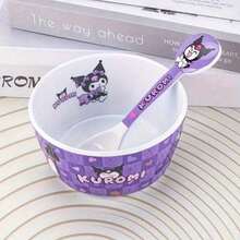 Hello Kitty & Kuromi 卡通碗勺套装（2件套） - 可爱卡通食物容器，适合大学宿舍和家庭厨房，塑料材质，饰有可爱的肉桂狗图案