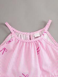 Girls' Summer Halter Ruffle Top And Wide Leg Pants 2-Piece Set, Sleeveless Vest And Straight Leg Pants, Striped Bow Print Casual Fashion Outfit - Pink - View 3