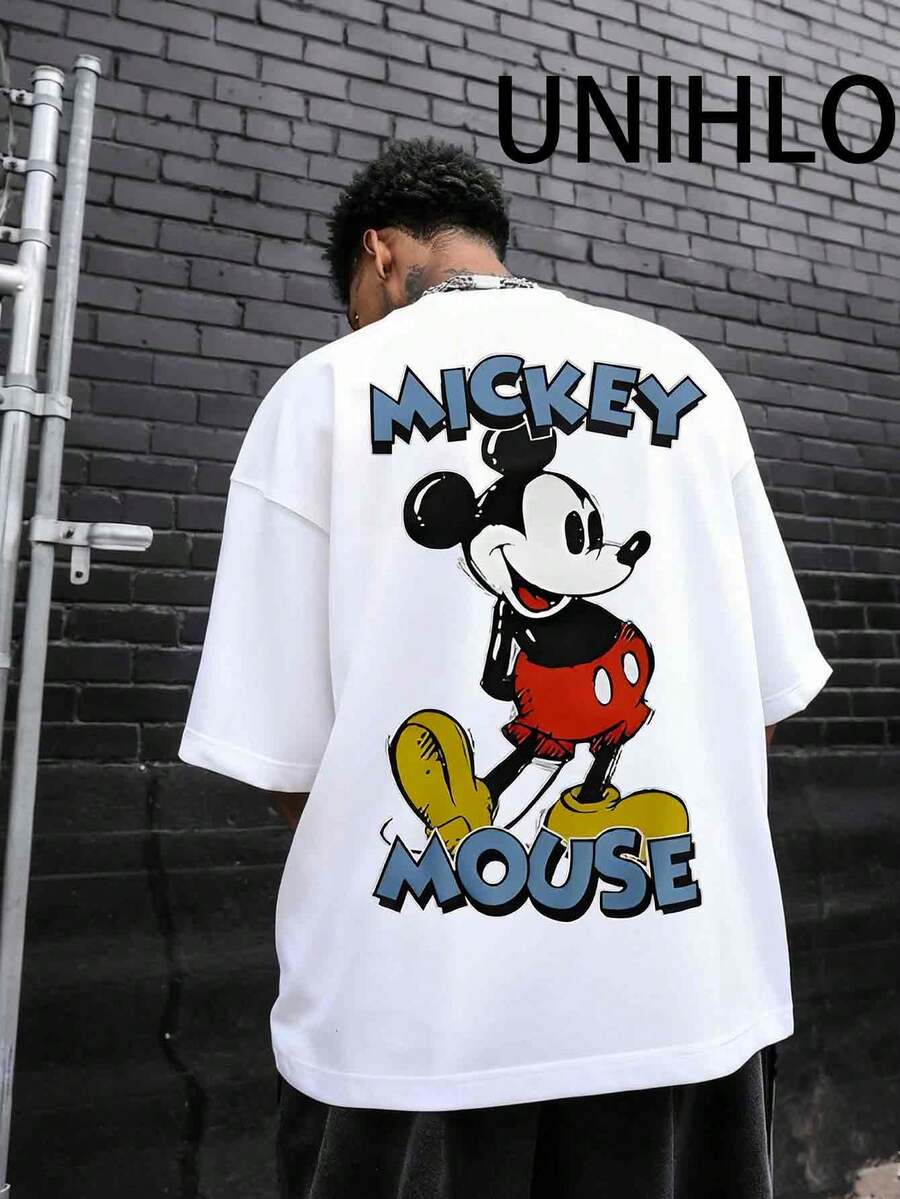 Disney UNIHLO Street Life Men's Casual Loose  Mickey Cartoon  Print Short Sleeve T-ShirtSummer - White - View 1