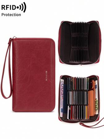 MIYIN 复古风格大容量女士长款钱包，RFID 防盗刷卡包，拉链封口，简约设计，宽敞隔层可收纳智能手机、卡片、护照、支票簿、钞票等纸币。