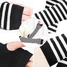 UTTPLL Womens Punk Gothic Long Arm Warmers Striped Fingerless Gloves Winter Knitted Stretchy Mittens Thumb Hole Wrist Warmer,OneSize,White - Trắng - Xem 6