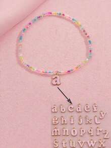 1pc Fashionable & Cute 26 Letter Pendant Colorful Plastic Seed Bead Elastic Anklet, Teens Anklet (Seed Bead Color Random)