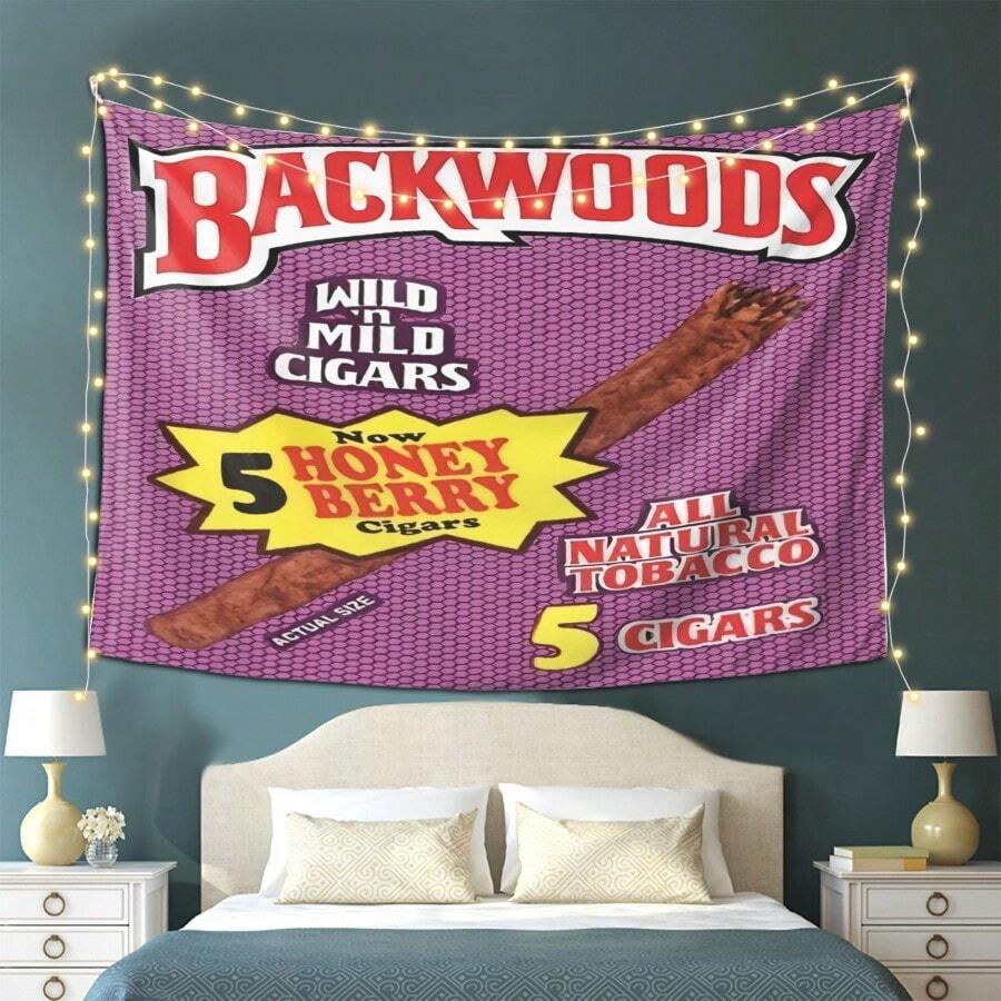 Wild West -Themed Tapestry - Backwoods Brand Logo Design With Ring & Wild Leaf Pattern - Horizontal Wall Hanging For  Cave, Home Bar, Office Decor - Gift For Smokerstapestry Wall Hanging - 彩色 - 查看 1