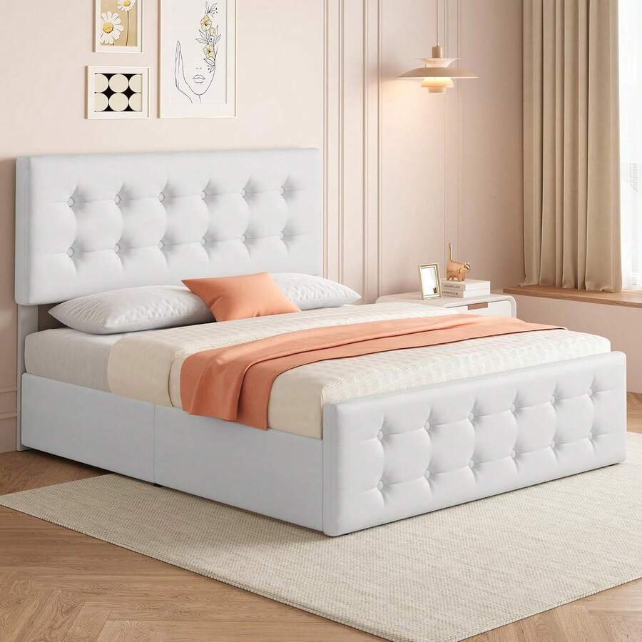 Bed Frame with 4 Storage Drawers and Headboard, Velvet Upholstered Platform Bed Frame with Wooden Slats Support, Button Tufted Design, No Box Spring Needed - Blanco-Full - Ver 1