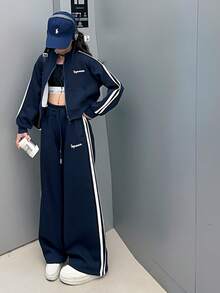 2-Piece Girls' Wide-Leg Pants Set Navy Side Stripe Cropped Zip Jacket 4th Of July Kids Clothes Girls Teen Girl Clothes Girls Spring Fall Outfit Sets - 藍色 - 查看 13