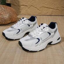American Retro Contrast Color Running Shoes, Mesh Breathable, Thick Bottom Cushioning, Campus, Street, Daily Wear Template, Running Shoes To Grasp Relaxation Feeling, 5cm High Casual Shoes - Blue and White - View 7