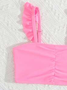 少女夏季沙滩褶皱荷叶袖热带植物印花泳衣套装 - 彩色 - 查看 5