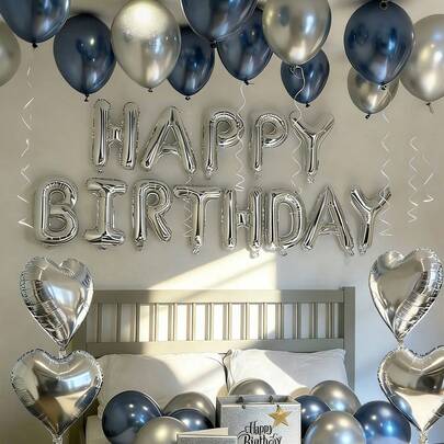 30-57件套海军蓝银色生日气球套装 - 生日快乐横幅 + 铝箔心形气球 + 厚乳胶气球，非常适合男士生日装饰、情侣卧室、酒店午夜生日派对装饰