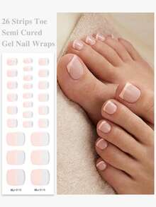 1 Sheet Nude Pink French Semi-Cured Gel Toe Nail Stickers - Spring/Summer 26pcs Pack UV Gel Toe Nail Stickers - Salon Quality, Easy To Apply, Suitable For Women's Casual DIY Manicure - Pink - View 2