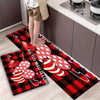 Buffalo Plaid Kitchen Mat - 'ALL YOU NEED IS LOVE' With Red Hearts, Non-Slip Washable Floor Mat For Kitchen, Dining Room, Bedroom - Decorative Rubber Backing Mat With White Polka Dot, Stripe