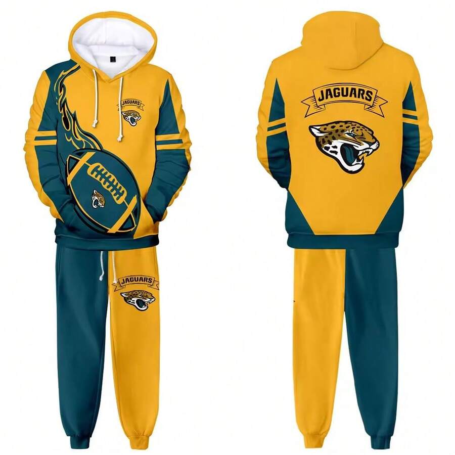 Jackson-Ville-Jaguars Men'S Stylish 3D Lion Print 2pcs Athletic Wear Set - Long Sleeve Hoodie & Joggers, Casual Outdoor & Gym Wear For Spring/Fall, Football Team Pattern Design, Comfortable & Breathable Fabric, Perfect For Comfortable Fit - 彩色 - 查看 1