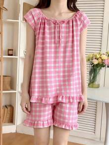 AICJ 2 件女式格子印花睡衣套装 - 柔软蝙蝠袖、前系带、圆领上衣、短裤、宽松版型、鲜艳印花设计、时尚春夏季睡衣套装 - 粉色 - 查看 5