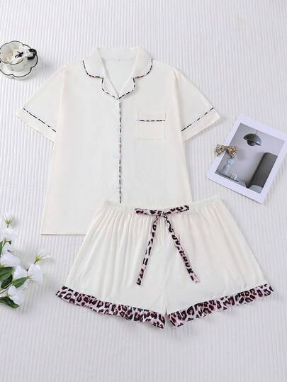 HOREA 2pcs Solid Color Leopard Print Bow & Lotus Leaf Trim Women Pajama Set, Short Sleeve Cardigan Collar Top And Loose Elastic Shorts, Casual Sleepwear And Loungewear For Women, All Season