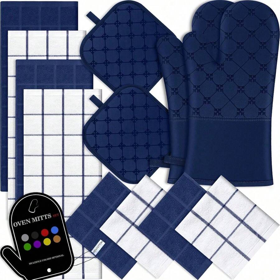 WALEED SANI Oven Mitts Kitchen Towels Dishcloths With Pot Holders Sets 12PCS, Dish Towels Sets, Oven Gloves Pot Pads Heat Resistant 500 Degrees With Non-Slip Silicone Surface For Cooking Baking Grilling-Gray - Marine Blue - 查看 1