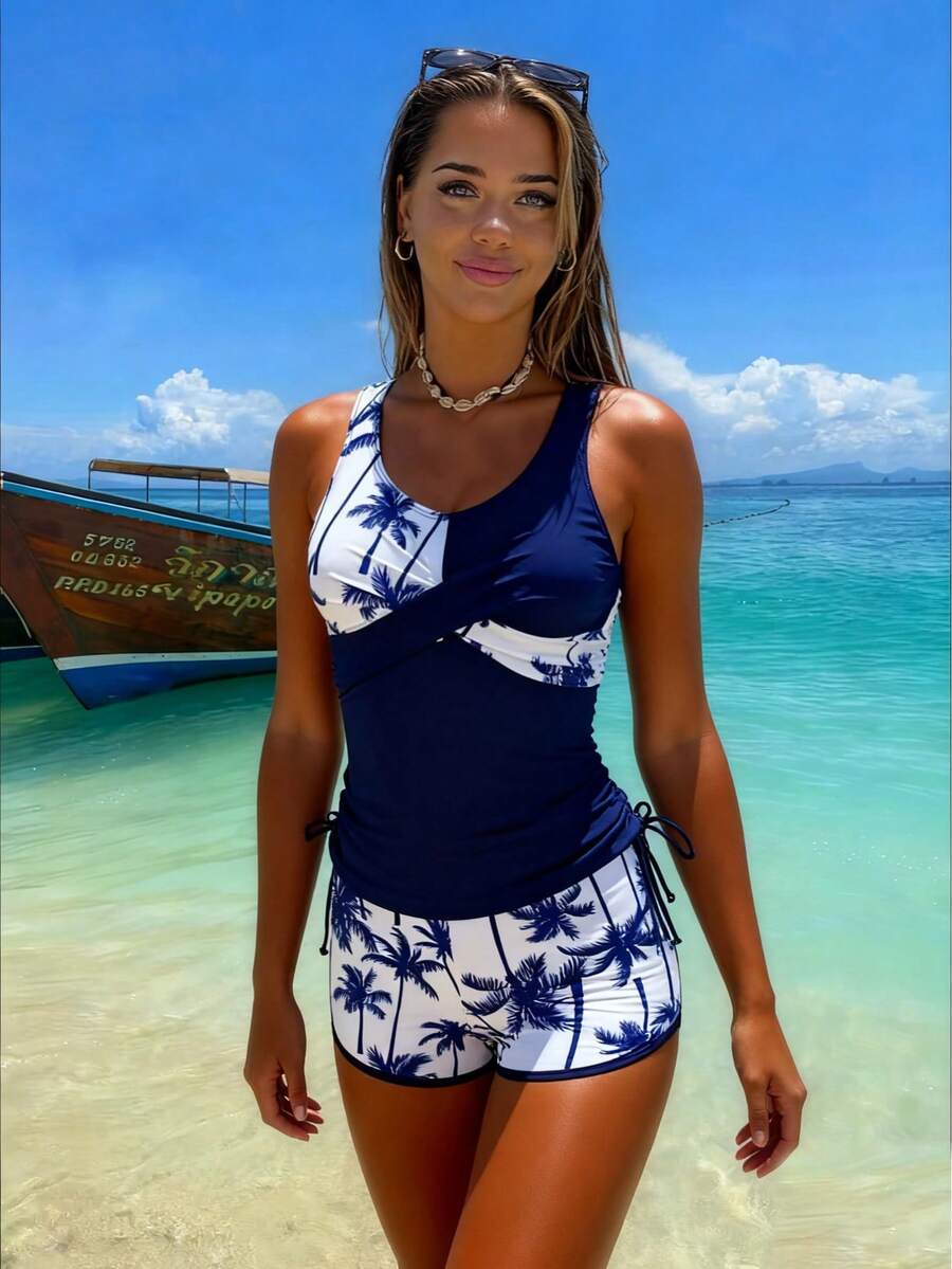 Summer Coconut Tree Print Plant Casual Criss-Cross Backless Drawstring Vacation Beach Style Women Spaghetti Strap Crop Top & Bikini 2-Piece Swimsuit - Multicolor - View 1