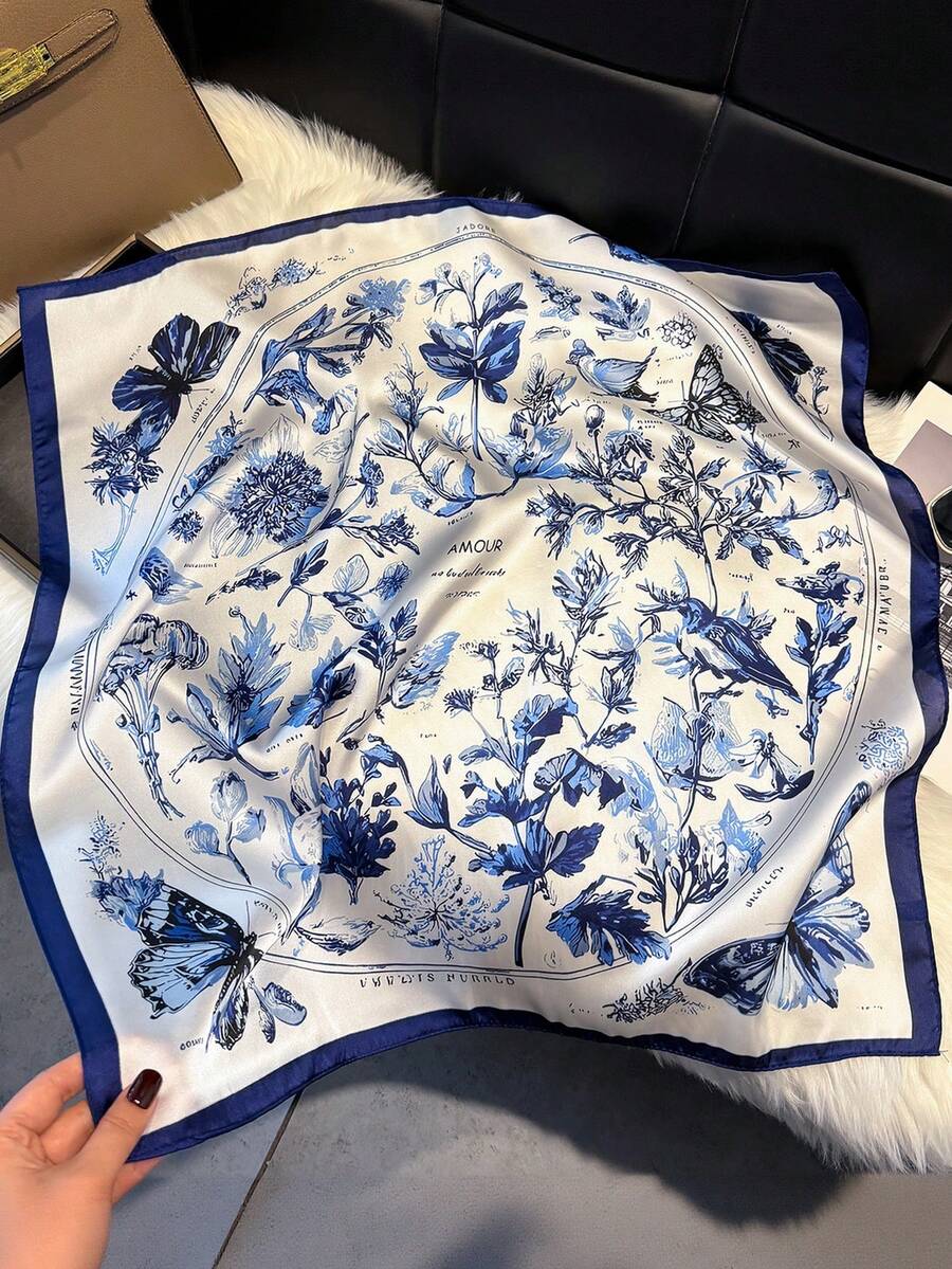 1pc Silk-Like Butterfly & Floral Print Square Scarf For Women As Bandana, Waist Belt, Bag Decor, Hair Accessory, For Daily Wear - Navy Blue - View 1