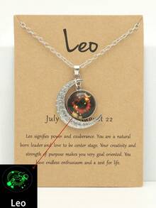 1pc Luminous 12 Zodiac Signs Necklace, Vintage Moon Pendant Constellation Tag Necklace, Party Birthday Gift - Silver - View 23