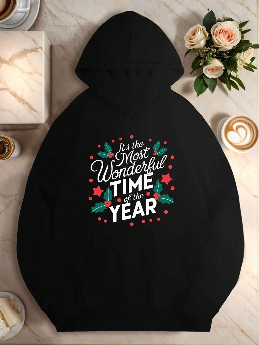 1pc Women-S Plus Size Casual Hoodie Geometric Pattern, Longeeve, Regular Length, Non-Stretch Fabric, FallWinter Hooded Sweatshirt With Pocket Detail - Đen 16 - Xem 1