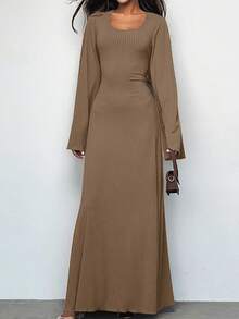 SuofeiMan 女士方领喇叭袖长袖连衣裙，优雅女士连衣裙，女士派对连衣裙，春夏派对连衣裙，修身腰部连衣裙，舒适面料 - 卡其色 - 查看 3