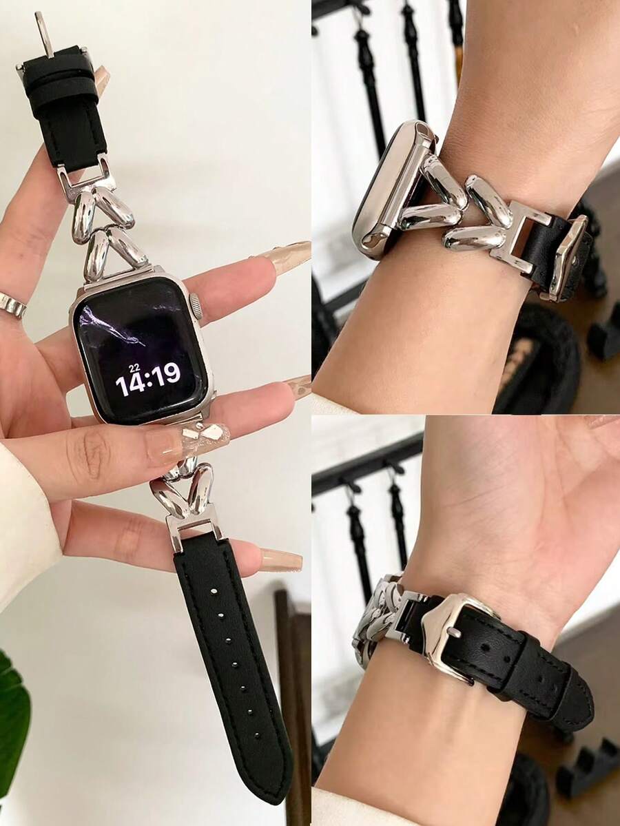 1件適用於Apple Watch，黑色與銀色金屬V型鏈條錶帶，高端時尚風格，適合 38/40/41/42/44/45/46/49mm，兼容Ultra/SE/11/10/9/8/7/6/5/4/3/2/1機型，適合女性，情人節禮物，時尚配件，中性